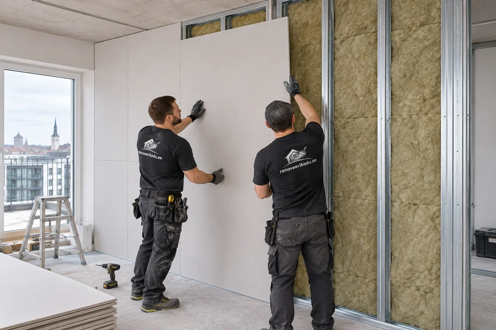 Drywall partition framing, mineral wool infill and board installation