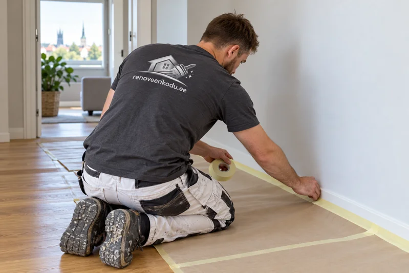Craftsman secures floor protection before painting