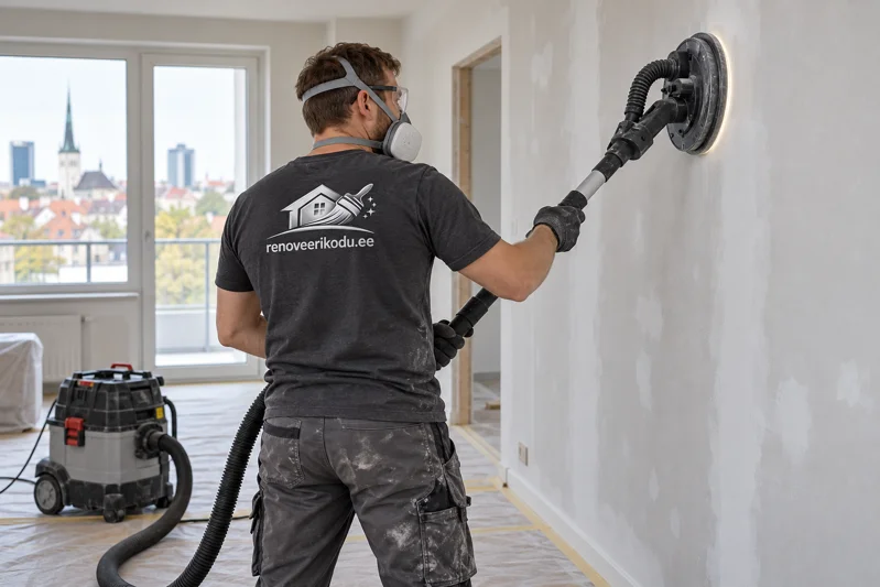 Craftsman sands a filled wall with a dust-extraction sander