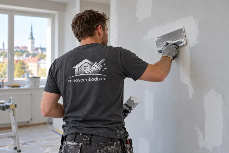 Craftsman smooths wall filler with a wide filling knife