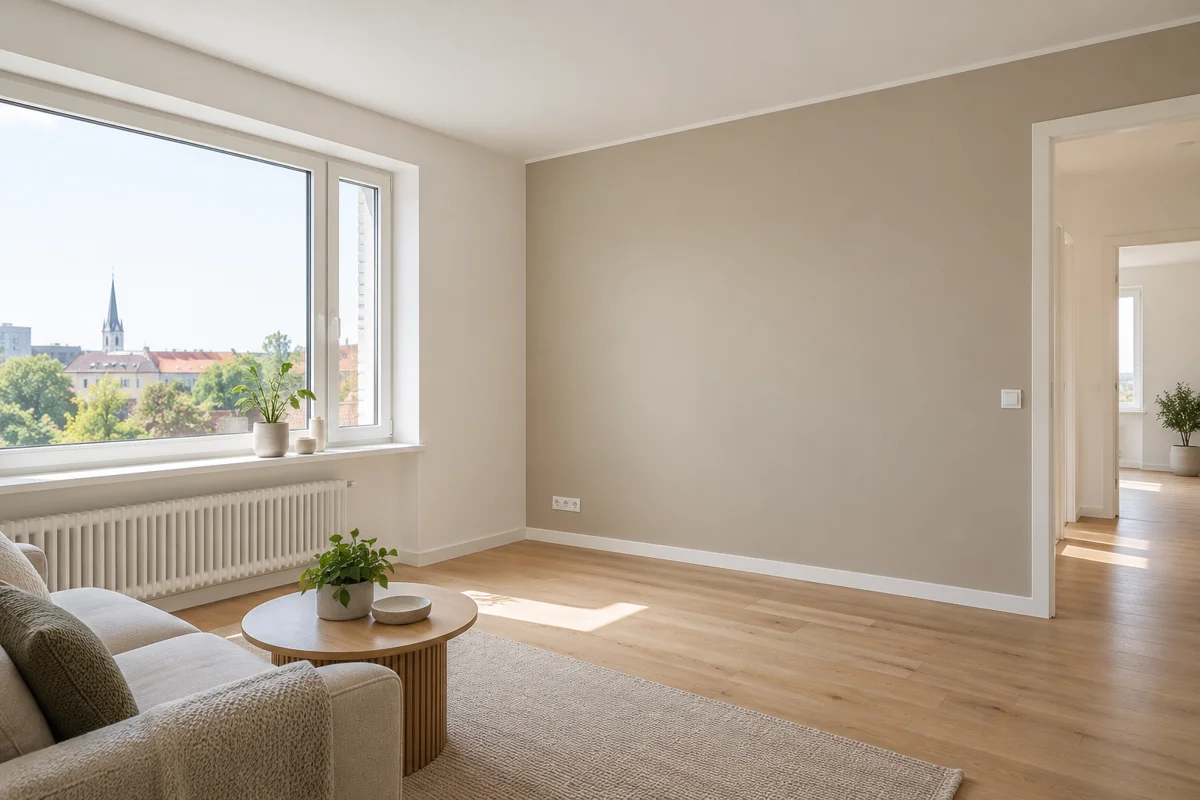 Smoothly finished light walls and precise ceiling lines in a daylight-filled living room
