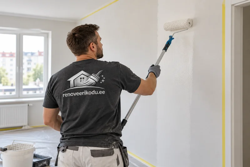 Craftsman paints a prepared wall with light-coloured finish paint