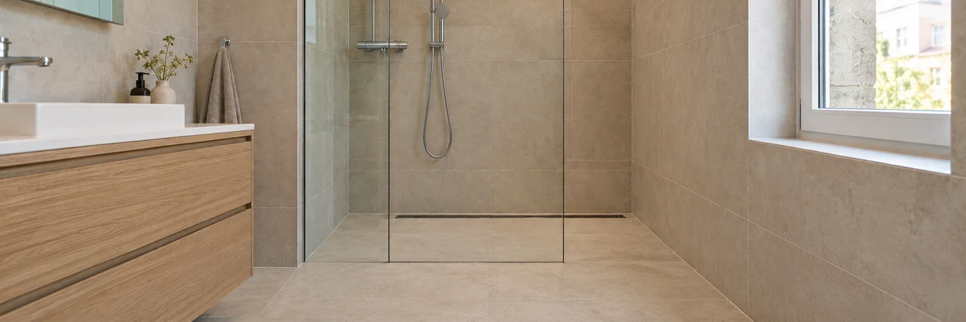 Shower area with light beige tiles, a glass screen and a linear drain beside the wall