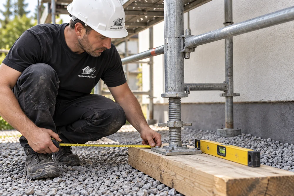 Assessing the scaffold base jack and sole board position on the ground