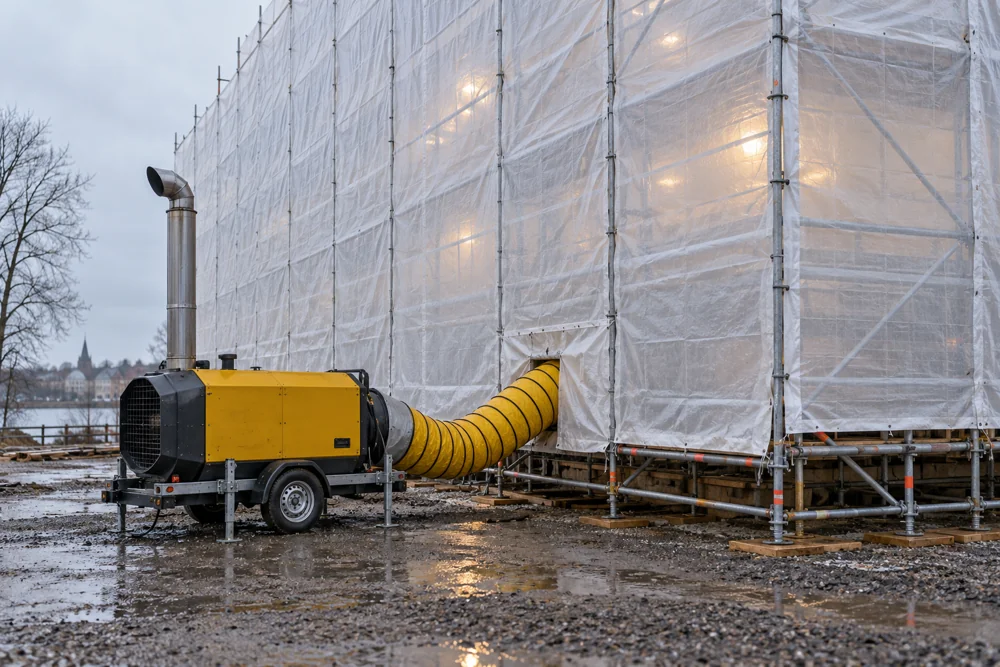 Weather-covered scaffolding and an external heater supplying warm air