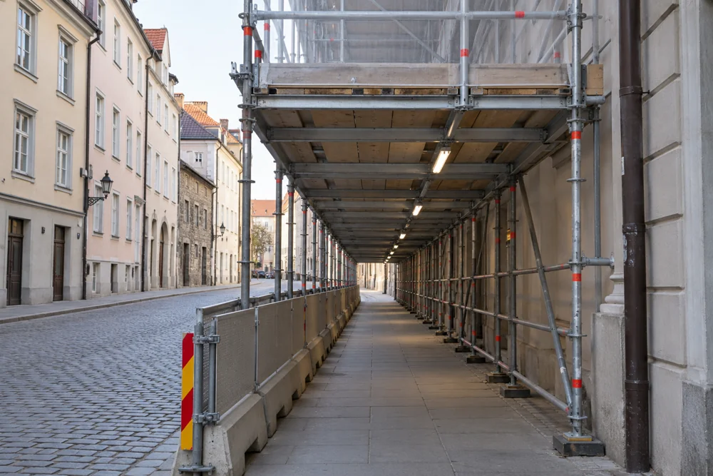 Protected pedestrian tunnel under scaffolding with a rigid roof and separated walkway