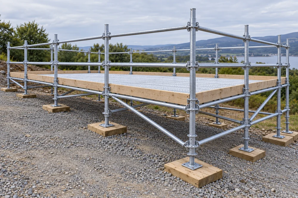 Levelled first lift of modular scaffolding on uneven ground