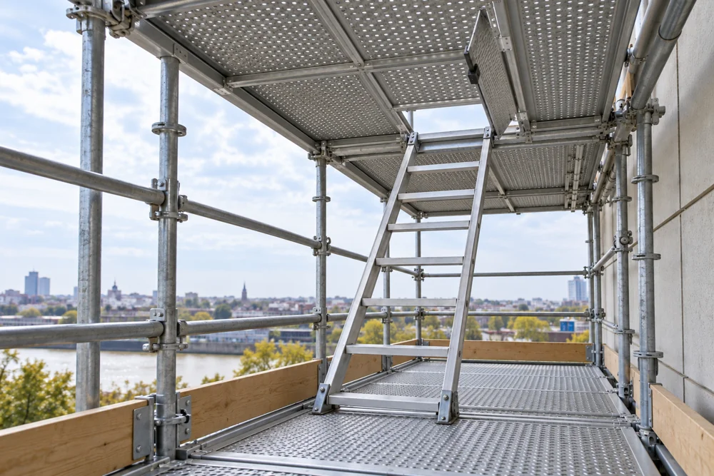Internal scaffold ladder and hatch access to the next working deck